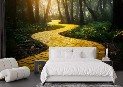 enchanted yellow brick road winding through a magical forest isolated on white background,  Wall mural